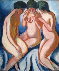 Three Nudes Against Blue Background